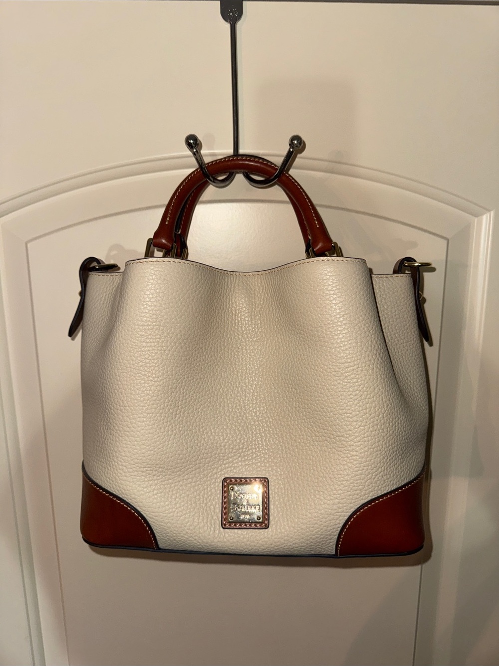 Dooney & Bourke Bone Cream Pebbled Leather Satchel with Brown Trim